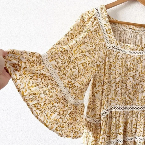 Free People Talk About It Lattice Trim Boho Floral Pintuck Yellow - Picture 4 of 9
